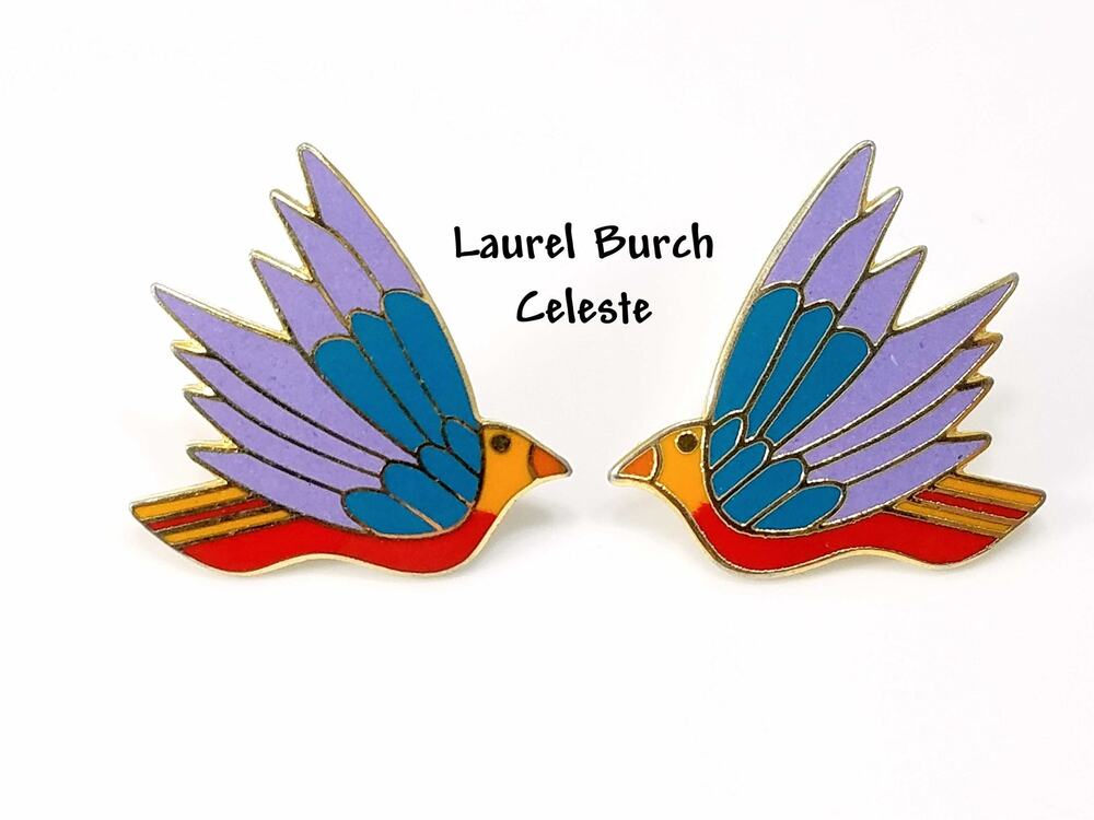 Laurel Burch "Celeste" Bird Earrings, Gold Plated Cloisonne Enamel, 1980s